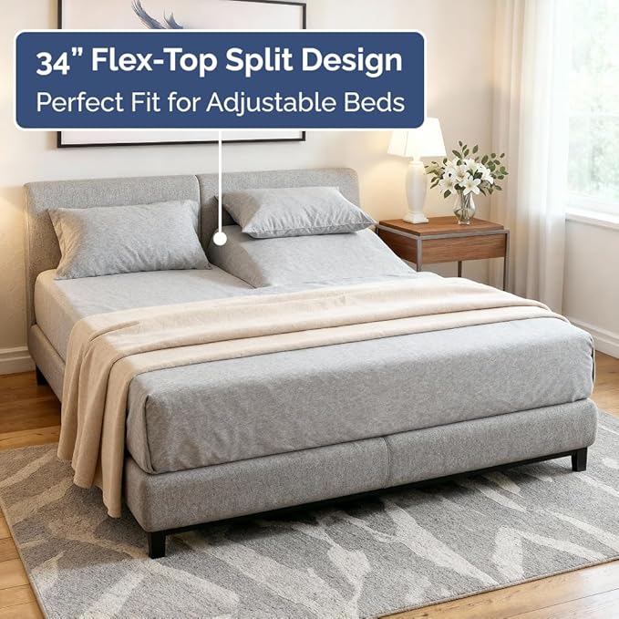 Split Head King Sheet Set – 4 Piece Flex Split Top King Sheets for Adjustable Beds - Fits 14” to 16" Mattress w/ Deep Pockets - Breathable & Cooling - Luxury Bedding and Wrinkle Free - Heathered Grey