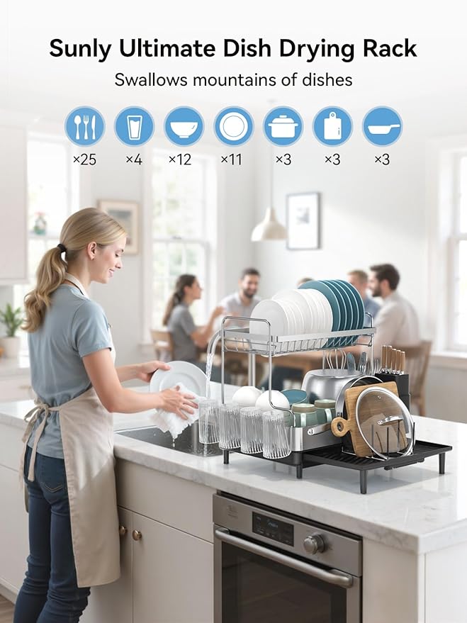 SUNLY 2 Tier Dish Drying Rack, Extra Large Dish Rack, Expandable Dish Racks - Image 2