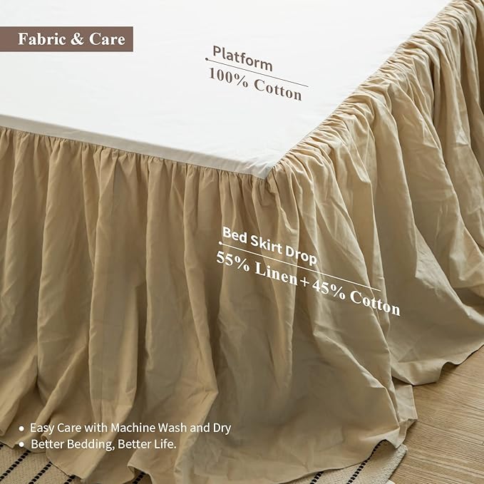 BISELINA French Linen Bed Skirt with Pleated Frills 22-Inch Tailored Drop Natural Flax Cotton Blend Dust Ruffle Soft Cozy Farmhouse Bedding (22" California King, Ruffle Linen)