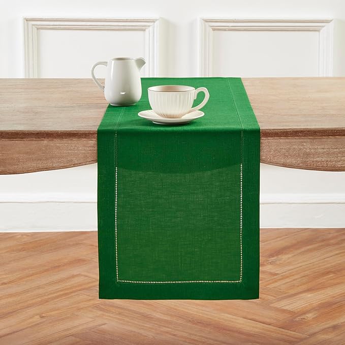 Solino Home Linen Table Runner 60 Inches - 100% Pure Linen Garden Green Hemstitch Table Runner 14 x 60 Inch Ideal for Dresser and Coffee Tables - Classic Hemstitch - Christmas, Winter, New Year