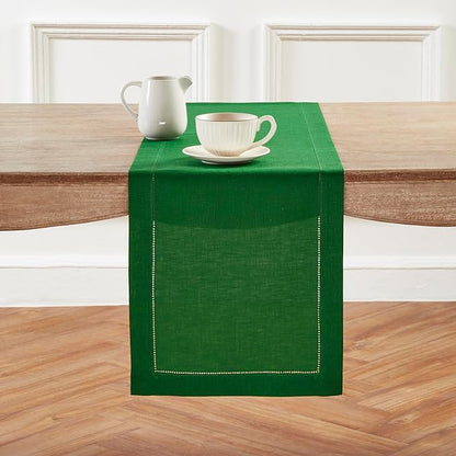Solino Home Linen Table Runner 60 Inches - 100% Pure Linen Garden Green Hemstitch Table Runner 14 x 60 Inch Ideal for Dresser and Coffee Tables - Classic Hemstitch - Christmas, Winter, New Year