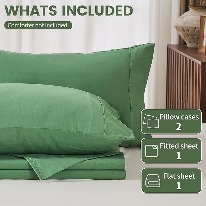 100% Linen Sheets California King Size,Breathable & Durable 4-Piece Bed Flax Sheet Set,Soft All-Season Bedding for Hot Sleepers 16" Deep Pocket Oeko-TEX Certified,（Cal King, Sage Green）