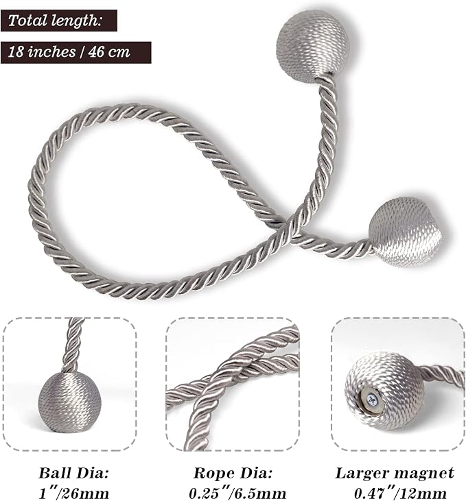 Hion Magnetic Curtain Tiebacks Grey 4 Pack, Curtain Tiebacks Buckles Holdbacks - Image 2