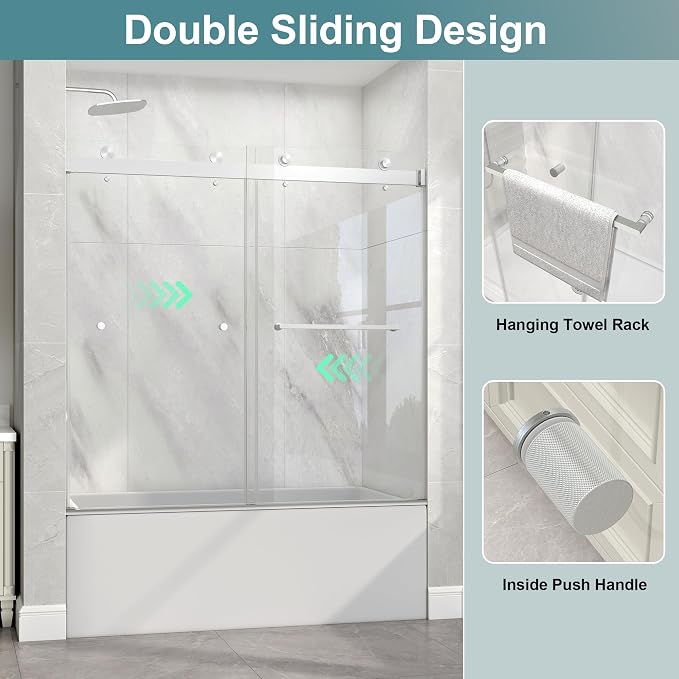 KPUY Frameless Tub Shower Door, 55-60" W x 60" H Double Sliding Bathtub Door - Image 5