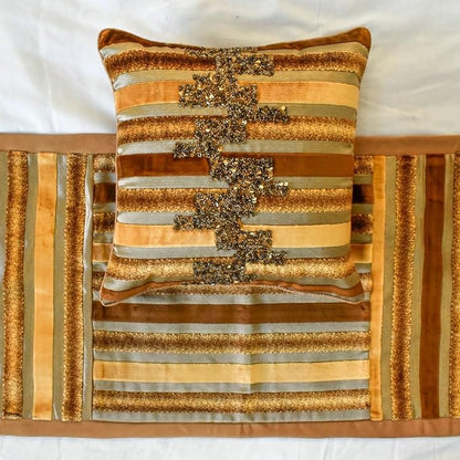 The HomeCentric King/Queen/Twin Gold & Brown Decorative Queen 74"x18" Bed Runner with One Pillow Cover, Striped, Beadwork & Handmade Bed Scarf on Velvet Fabric - Streamlined