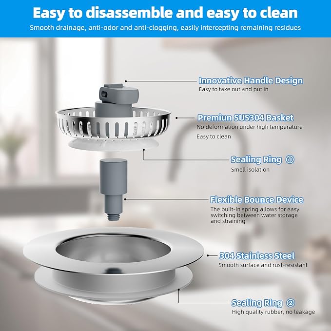 Hibbent 3 in 1 Kitchen Sink Drain Strainer, Stainless Steel Wrapped Shell Drain - Image 6