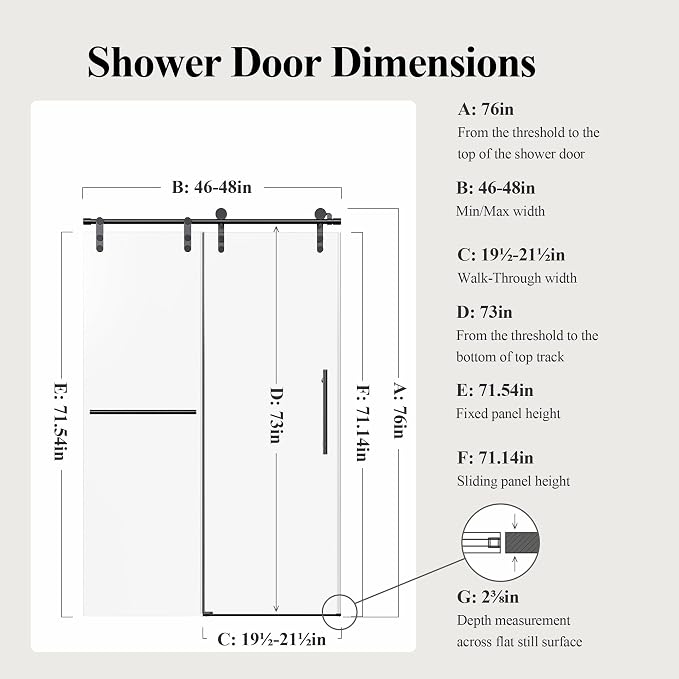 46-48" W x 76" H Frameless Sliding Shower Door, Safety Bathroom Single Sliding - Image 2
