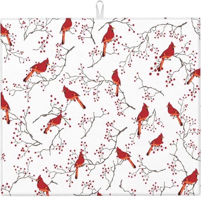 Cardinal Bird Red Berry Decor Kitchen Drying Mat Cute Microfiber Dish Drainer by Unknown