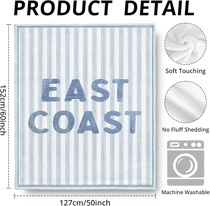 Blue Coastal Beach Blanket, East Coast Preppy Beach Striped Throw Blankets for Home Bedroom Dorm Couch Bed Decor, Beachy Room Decor Aesthetic, Coastal Granddaughter Room Decor, 50x60 Inch