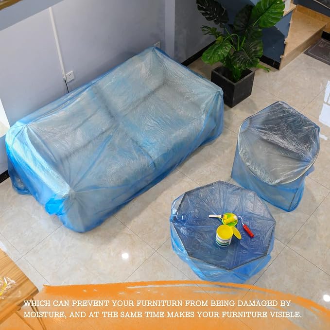 10 Piece Blue Painter Plastic Drop Cloths Sheet, Waterproof Anti-dust Furniture - Image 5