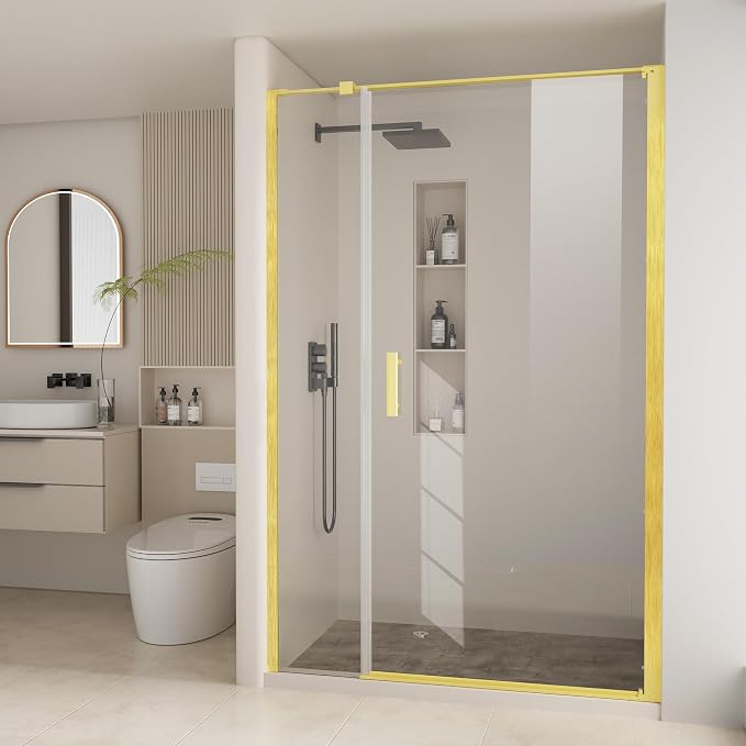 Bathbliss Framed Pivot Shower Door, Glass Shower Door in Brushed Gold, 46.5" to by Unknown
