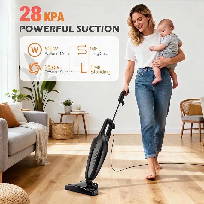 Zefiro 600W 28kpa Small Corded Stick Vacuum, 16Ft Corded Handheld Vacuum - Image 3