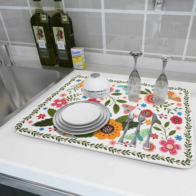 Colorful Boho Floral Dish Drying Mat 18x24 Inch Dishes Dry Pad Drainer Rack - Image 6
