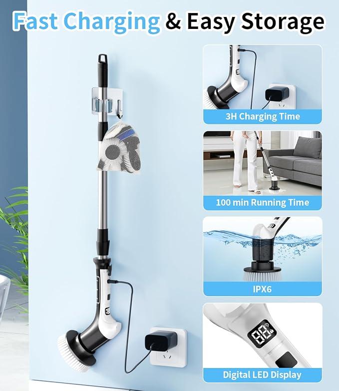 Electric Spin Scrubber with 3 Speed, Adjustable Extension Handle, 8 Brush Heads - Image 5