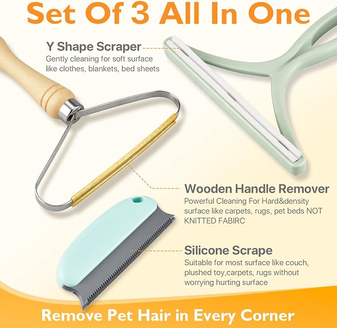 Pet Hair Removal Tool 3 Pack Dog Cat Hair Remover Carpet Scraper Rake Fur - Image 5