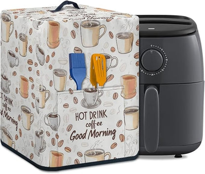 Air Fryer Cover Dust-Proof Kitchen Small Appliance Cover with Top Handle and Pockets Keep Kitchen Appliance Clean Washable, Coffee Beige White