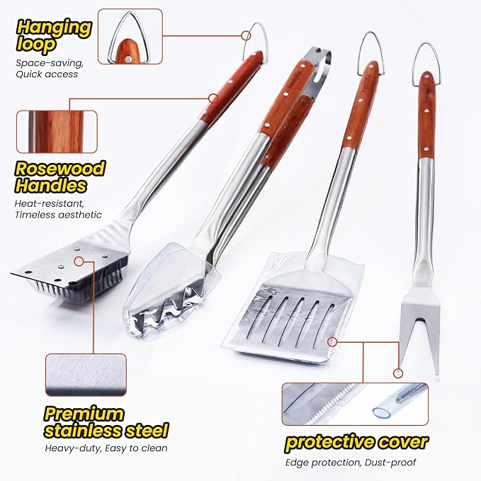 4PCS Grilling Accessories Rose Wooden BBQ Grilling Tools Set, Heavy Duty - Image 3