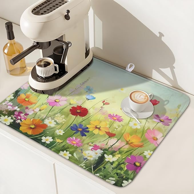 Spring Summer Daisy Dish Drying Mat 16 x 18 Inch Colourful Floral Pattern Dish - Image 7