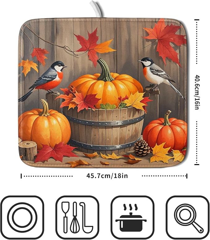 Fall Dish Drying Mat for Kitchen Counter 16x18 Autumn Pumpkin Birds Harvest - Image 2