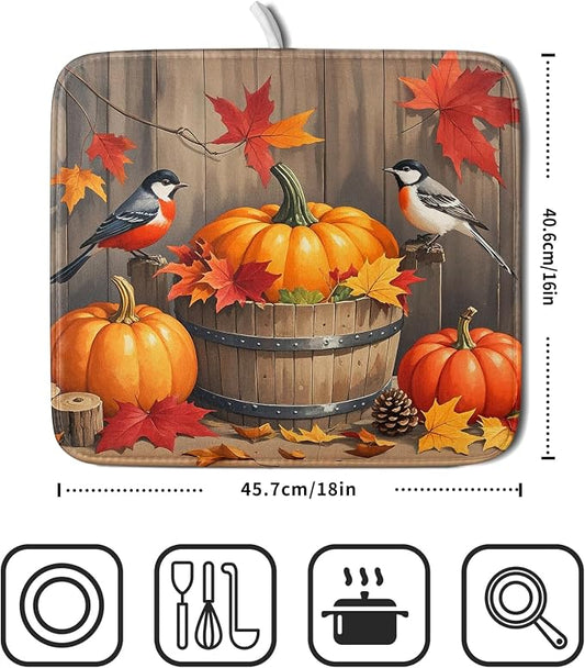 Fall Dish Drying Mat for Kitchen Counter 16x18 Autumn Pumpkin Birds Harvest - Image 2
