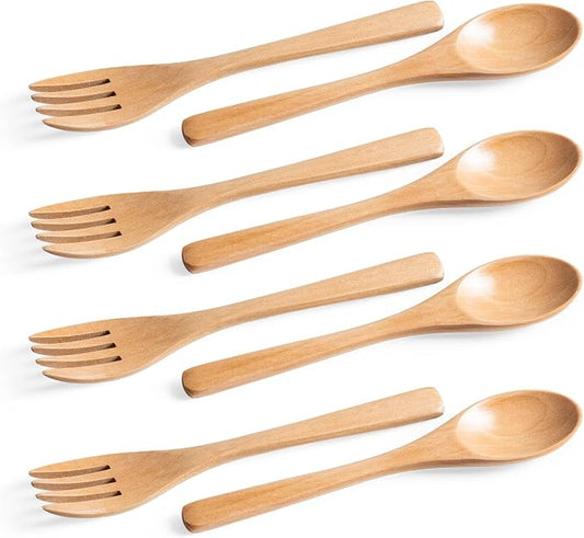 8pcs 6.3inch Schima Wooden Utensil Set Including Spoons and Forks, Reusable by HEFILD
