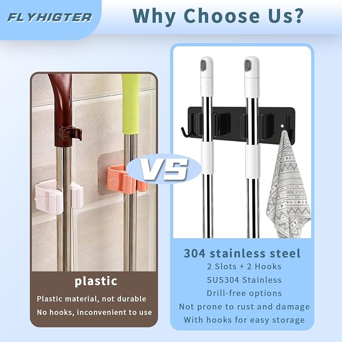 Broom and Mop Holder Wall Mounted, Heavy-Duty Stainless Steel Storage Rack - Image 2