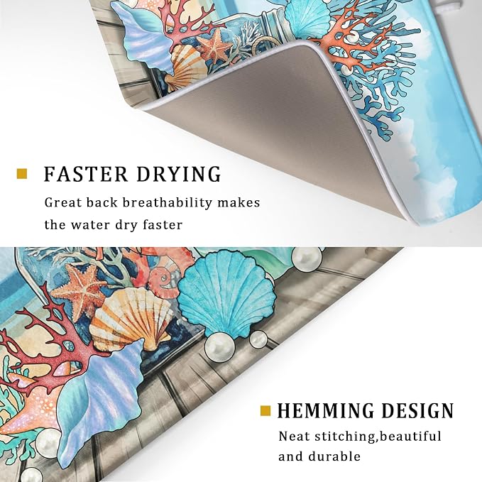 Coastal Coral Dish Drying Mat 18x24 inch Starfish Shell Fast Dry Microfiber - Image 3