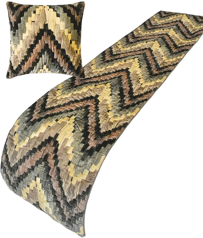 The HomeCentric King/Queen/Twin Beige Designer King 90"x18" Bed Runner Without Pillow Cover, Abstract, Chevron, Quilted Bed Scarf on Suede Velvet Fabric - Paramount