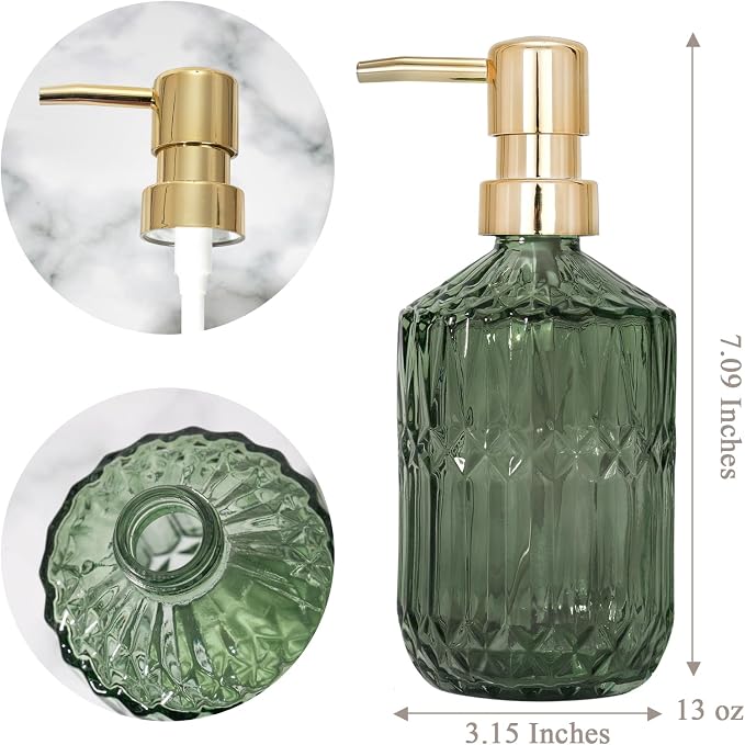 Glass Soap Dispenser Green Bottle Gold Plastic Pump Refillable Kitchen Sink - Image 3