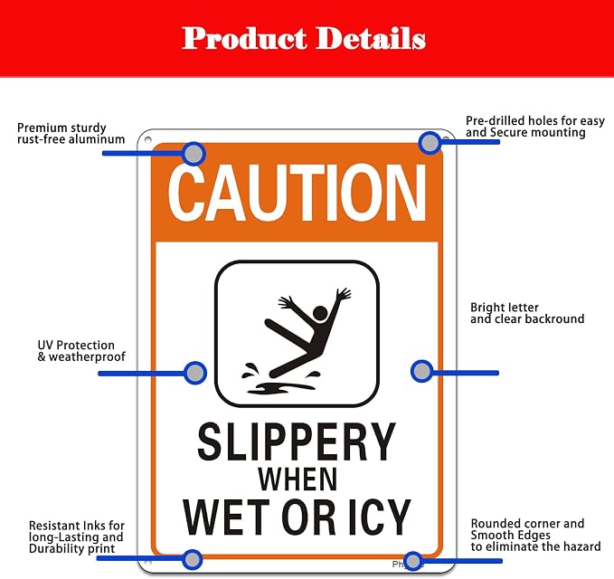 2 Pack Caution Slippery When Wet or Icy Sign, 7” x 10” Metal Rust Free Aluminum - Image 3