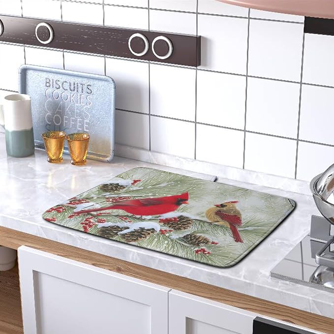 Winter Dish Drying Mat for Kitchen Counter 16x18 Inch Christmas Red Birds - Image 5