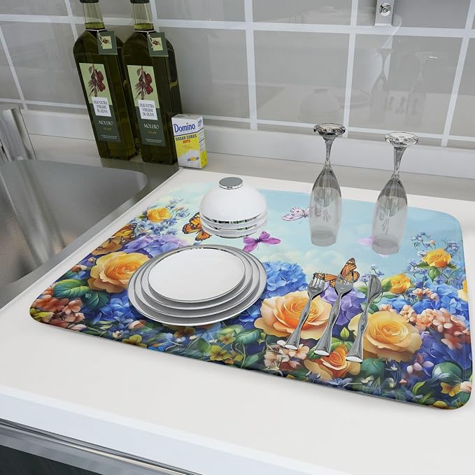 Spring Blue Yellow Hydrangeas Flowers Dish Drying Mat - Image 6