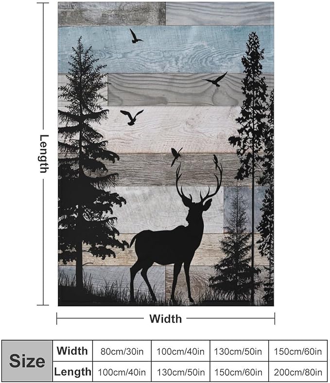 Rustic Deer Throw Blanket, Retro Cabin Farmhouse Country Lodge Blue Brown Wooden Board Wild Forest Animals Deer Bird Print Warm Cozy Blanket for Bed Couch Sofa Travel, 30"x40"