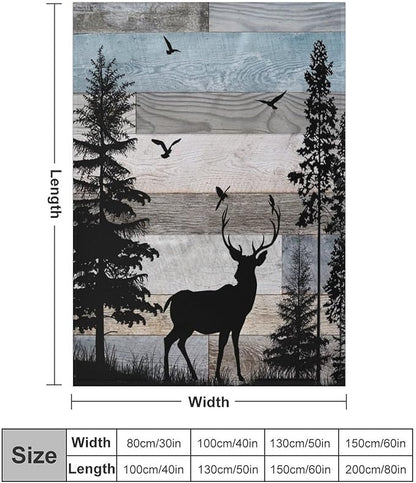 Rustic Deer Throw Blanket, Retro Cabin Farmhouse Country Lodge Blue Brown Wooden Board Wild Forest Animals Deer Bird Print Warm Cozy Blanket for Bed Couch Sofa Travel, 30"x40"