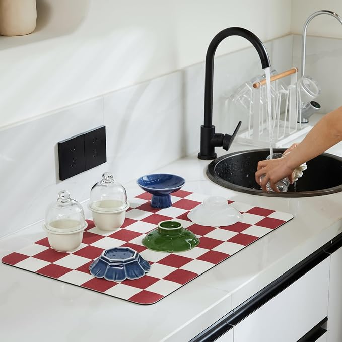 Checkered Dish Drying Mat for Kitchen Counter, Coffee Bar Station Accessories - Image 2