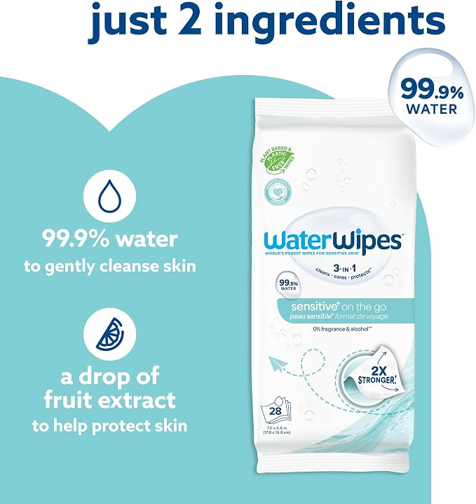 WaterWipes Sensitive+ On The Go Wipes, 3-In-1 Cleans, 99.9% Water, Unscented & - Image 4
