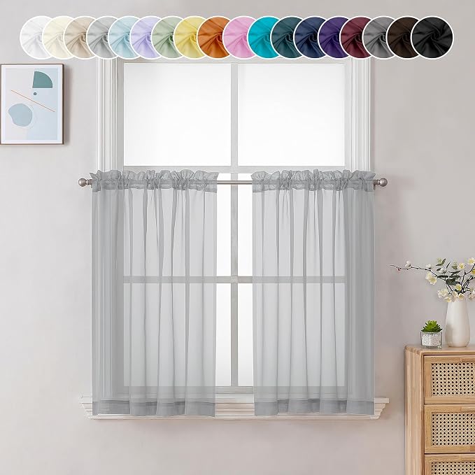 Chyhomenyc Sheer Light Grey Tier Curtains 24 Inch Length, Small Window Curtains by Chyhomenyc