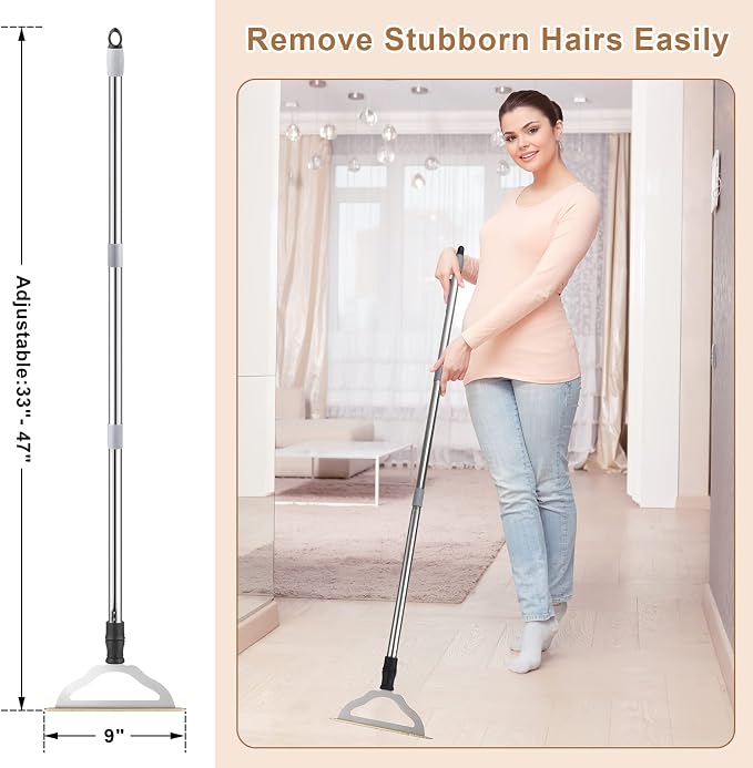 47“ Adjustable Long Handle Carpet Rake Pet Hair Remover, Reusable Large Metal - Image 4