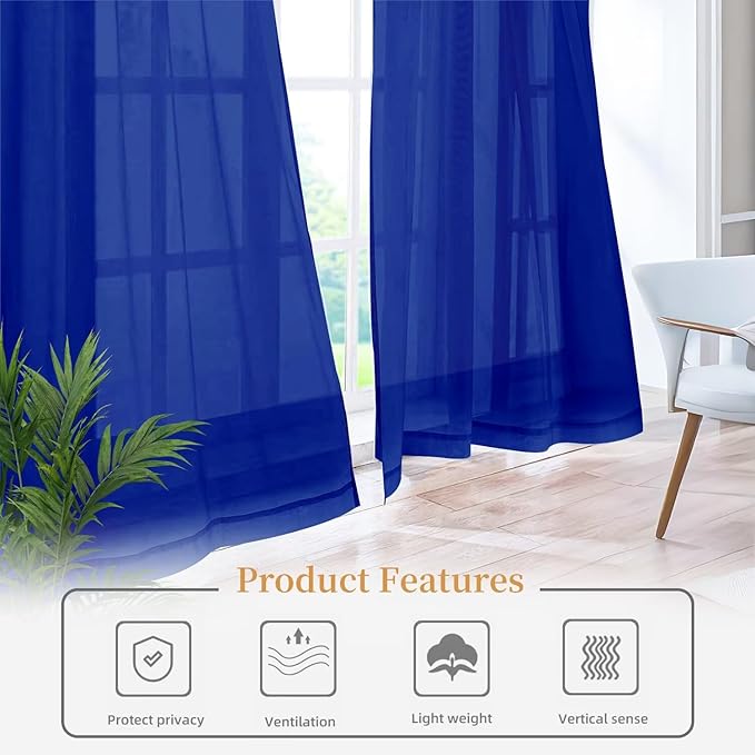 Sheer Curtains 63 Inches Long 2 Panels, Rod Pocket Short Curtain for Kitchen, Bedroom, Cafe Window(Blue Sapphire 38" W x 63" L)