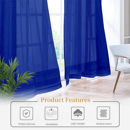 Sheer Curtains 63 Inches Long 2 Panels, Rod Pocket Short Curtain for Kitchen, Bedroom, Cafe Window(Blue Sapphire 38" W x 63" L)