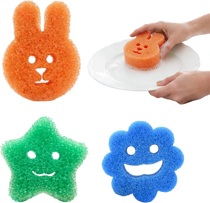 3pcs Functional Scrub Sponges Set, Dad Mom Daily Scrub Sponge Cute Animal Smile by Unknown