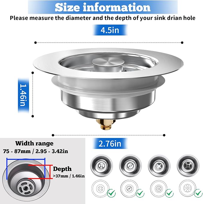 Upgraded 3 in 1 Kitchen Sink Drain Strainer Stopper, Brushed Stainless Steel - Image 6