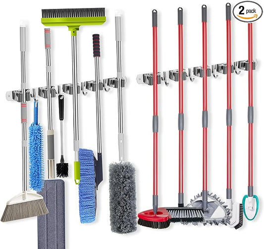 voze 5 Racks and 4 Hooks Mop and Broom Holder Wall Mount, Self Adhesive Heavy by voze