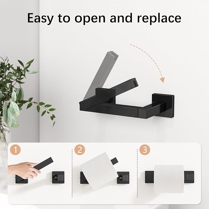 Toilet Paper Holder Matte Black Wall Mounted Post Pivoting Square Tissue - Image 2