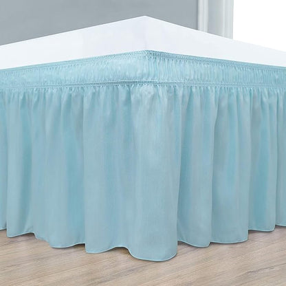 Light Blue Wrap Around Bed Skirts with 16" Drop - Three Sides Fabric Adjustable Elastic Dust Ruffle Silky Soft -600 TC Stretchy Bed Skirt-Queen XL(60"X 84") Light Blue