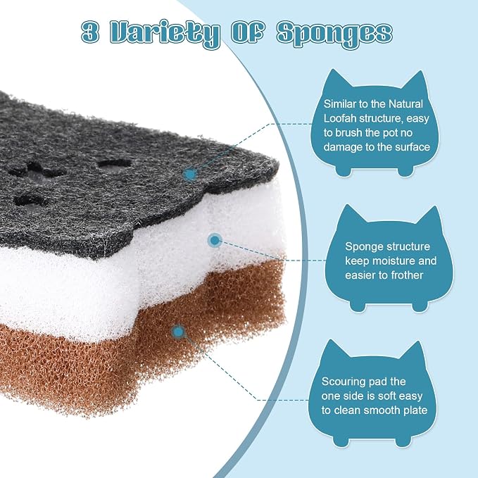 12 Pcs Cat Kitchen Sponges for Dishes Double Sided Cleaning Dish Scrub Sponge - Image 3