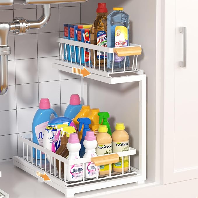 Under Sink Organizer 2 Tier, Pull Out Drawer Slides Under Sink Storage by MERATIA