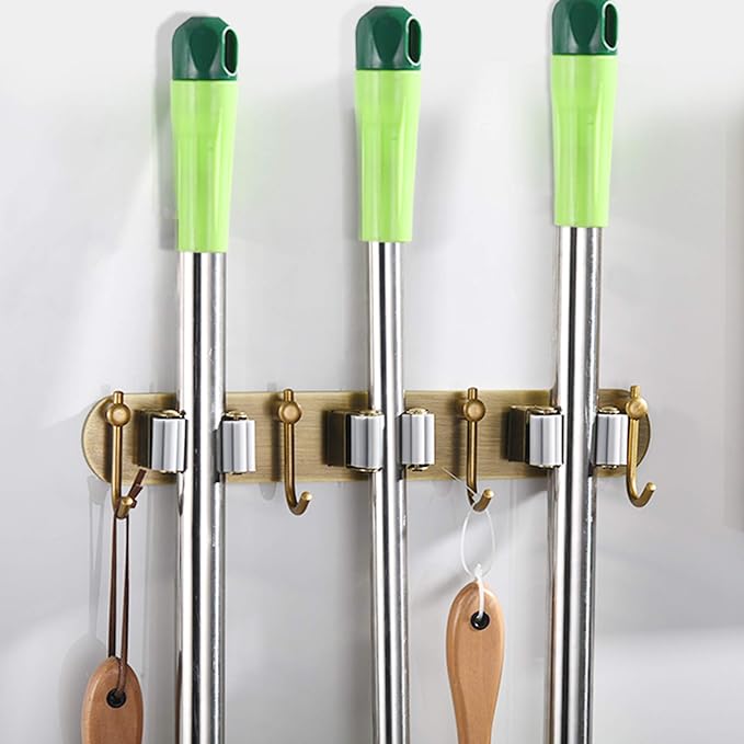 Mop Broom Holder Wall Mount Garden Tool Organizer, Brass Heavy Duty Tool Hanger - Image 2