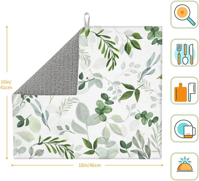 Green Leaves Dish Drying Mat 16x18 inches Microfiber Absorbent Fast Dry Mat - Image 2