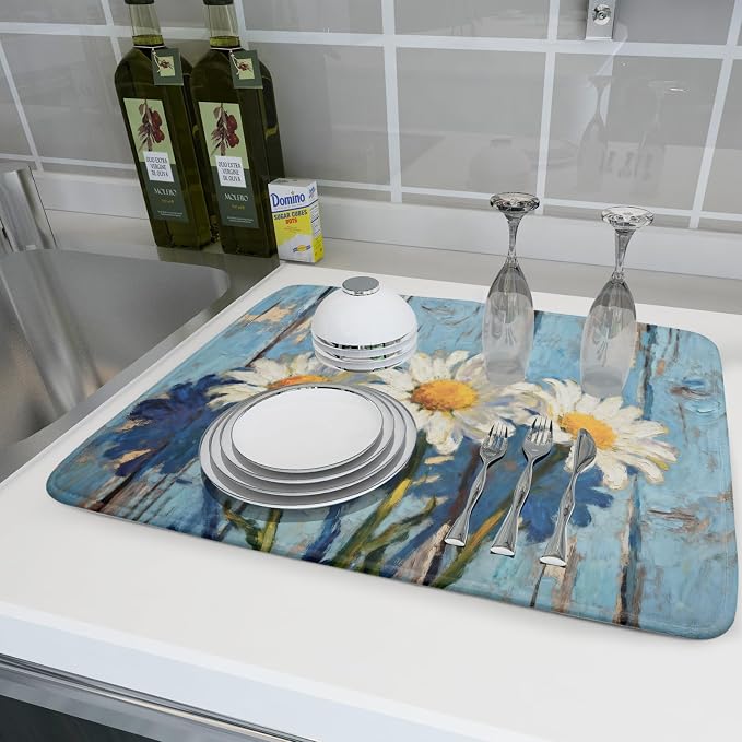 Daisy Floral Dish Drying Mat for Kitchen Counter 18x24 Spring Summer Theme - Image 6